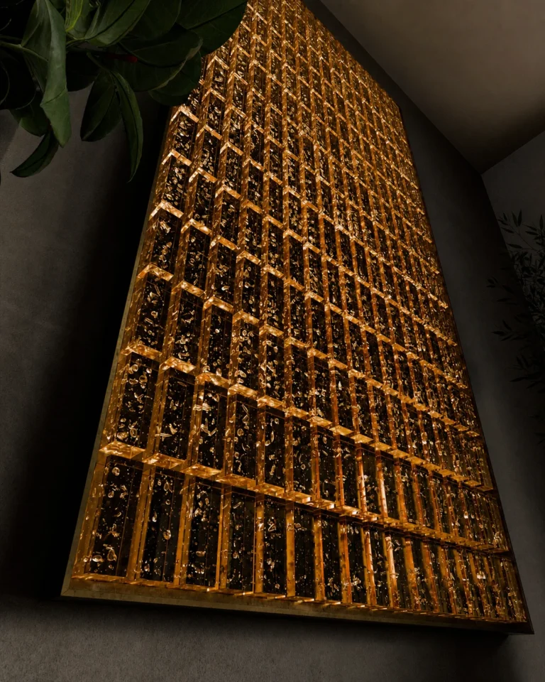 Interior application featuring thick square and rectangular crystal bricks with textured, recessed or faceted faces; crystal bricks block interior application 004 with stacked, framed or grid-built wall construction.