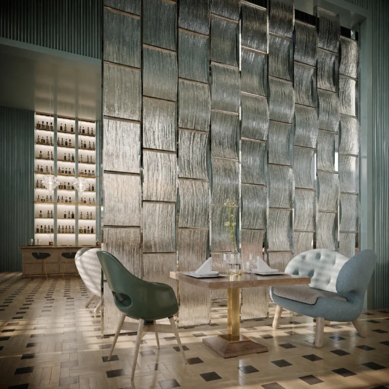 Modern Commercial Partition Screen featuring arched, saddle-shaped and cylindrical crystal tiles with relief surfaces; curved crystal tile interior application 008 with corner holes, edge alignment and overlapping rows.
