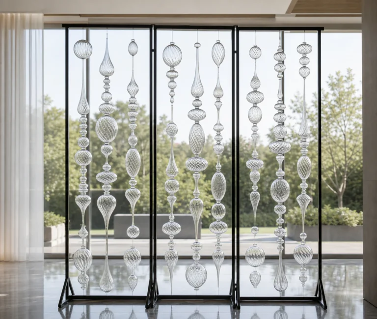 Widely spaced crystal spindle screen preserving natural light and outdoor views