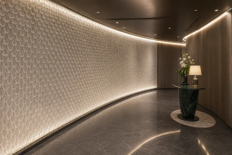 Large decorative crystal feature composition used as a lobby scale and proportion reference