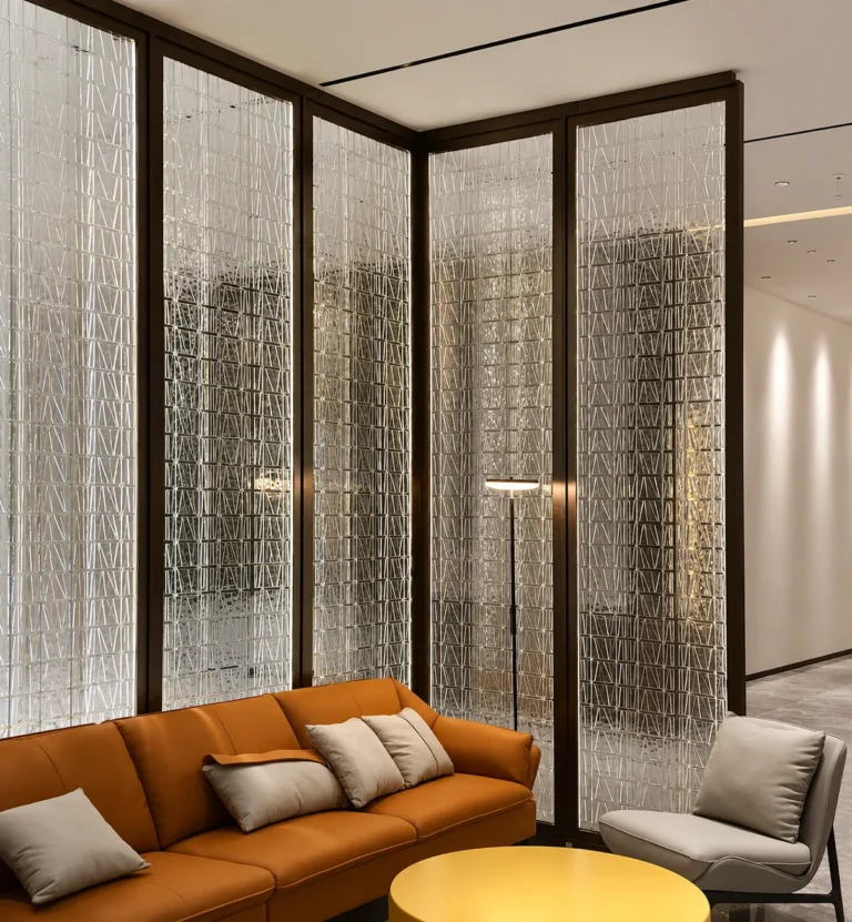 Layered horizontal crystal slats creating a visual buffer around a seating area