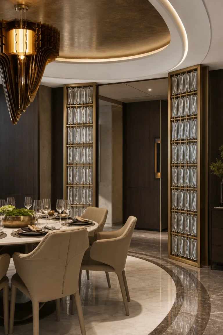 Rectangular crystal screens separating dining areas while preserving spatial continuity