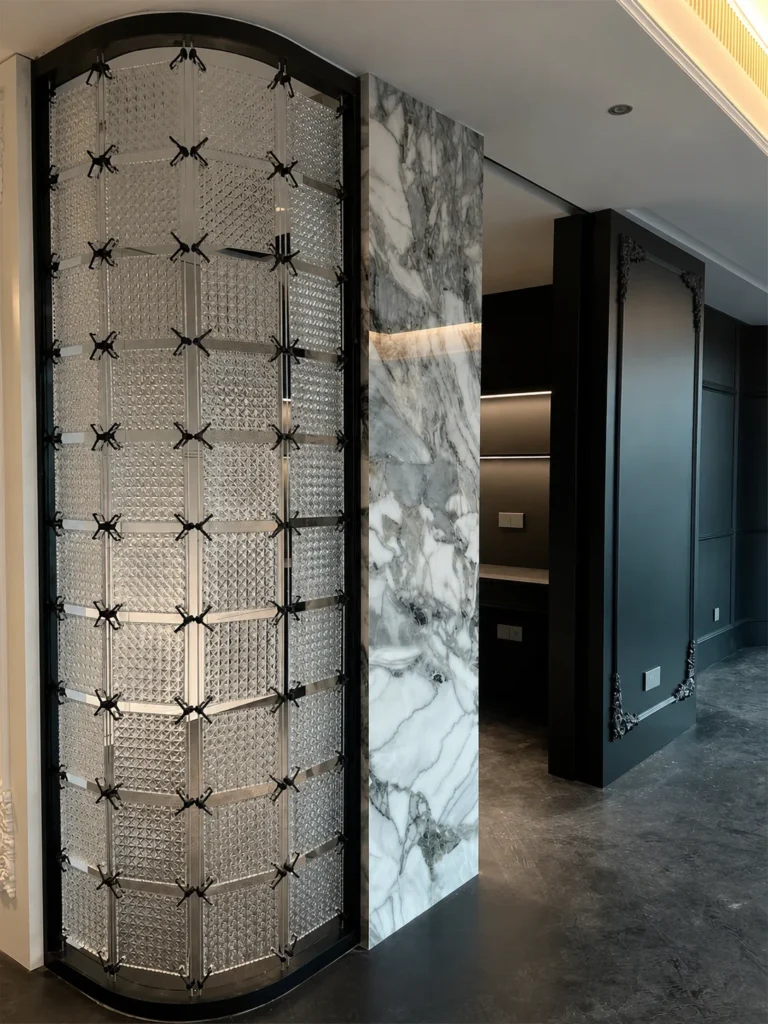 Modern Commercial Partition Screen featuring square textured crystal links; square crystal link interior application 020 with cross-linked grid points and a framed panel rhythm.