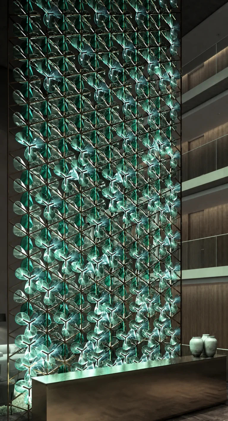Interior application featuring three-lobed leaf crystal modules; triple leaf crystal panel interior application 002 with repeated organic links within a panel grid.